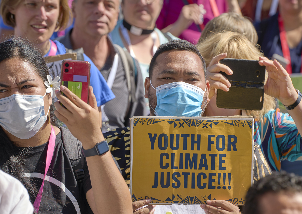 2 September 2022, Karlsruhe, Germany: Activists demand attention to the climate crisis during a protest at the World Council of Churches' 11th Assembly in Karlsruhe, Germany.The Assembly's theme is "Christ's Love Moves the World to Reconciliation and Unity."Photo: Paul Jeffrey/WCC